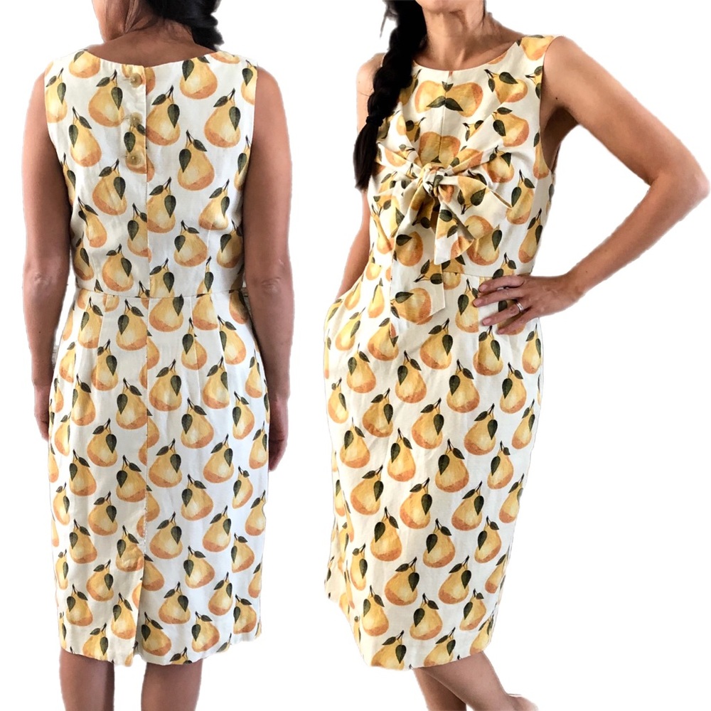 Anthro Pear Fruit Bow-Tie Wiggle Sheath Dress with Pockets! Sz 2